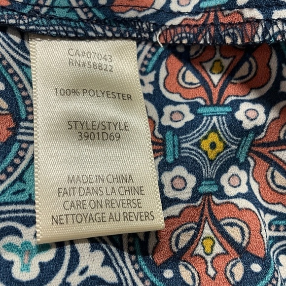 MAX STUDIO Crepe Tiered Maxi Dress Teal / Brick Print Side Pockets 3/4 Sleeves L - Picture 9 of 10